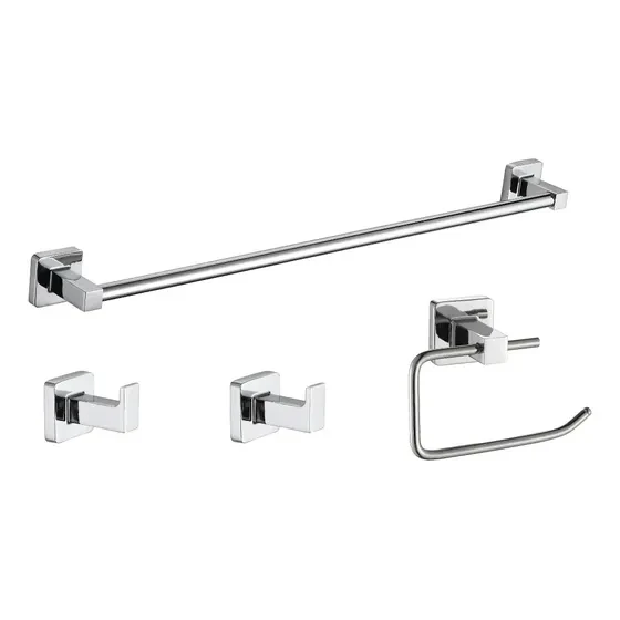 LINEA NEA - CONJUNTO 4 UNIDADES - CROMADO: 2 PERCHAS, TOALLERO BARRAL Y PORTA ROLLO