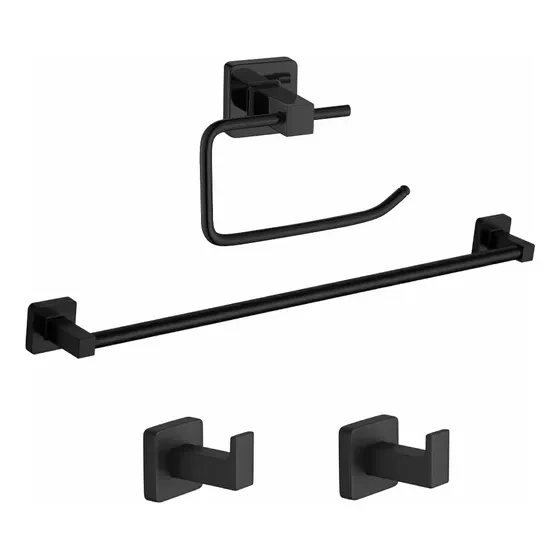 LINEA NEA - CONJUNTO 4 UNIDADES - NEGRO: 2 PERCHAS, TOALLERO BARRAL Y PORTA ROLLO