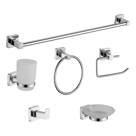 LINEA NEA - CONJUNTO 6 UNIDADES - CROMADO: PERCHA, TOALLERO BARRAL, PORTA ROLLO, PORTA CEPILLOS, JABONERA Y TOALLERO ARO.