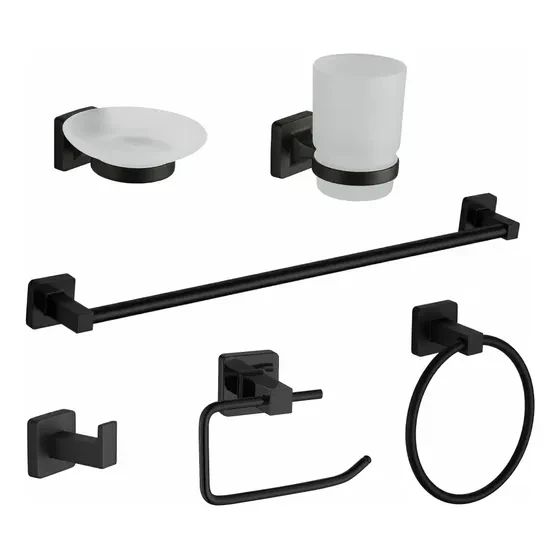 LINEA NEA - CONJUNTO 6 UNIDADES - NEGRO: PERCHA, TOALLERO BARRAL, PORTA ROLLO, PORTA CEPILLOS, JABONERA Y TOALLERO ARO.